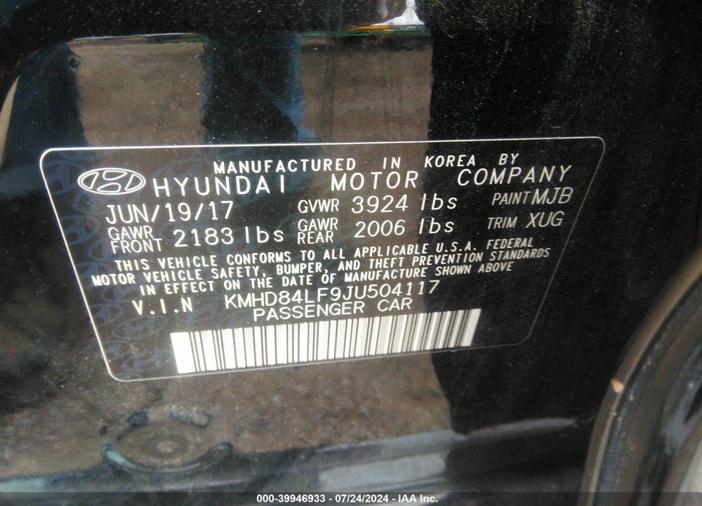 2018 HYUNDAI ELANTRA SEL VIN: KMHD84LF9JU504117