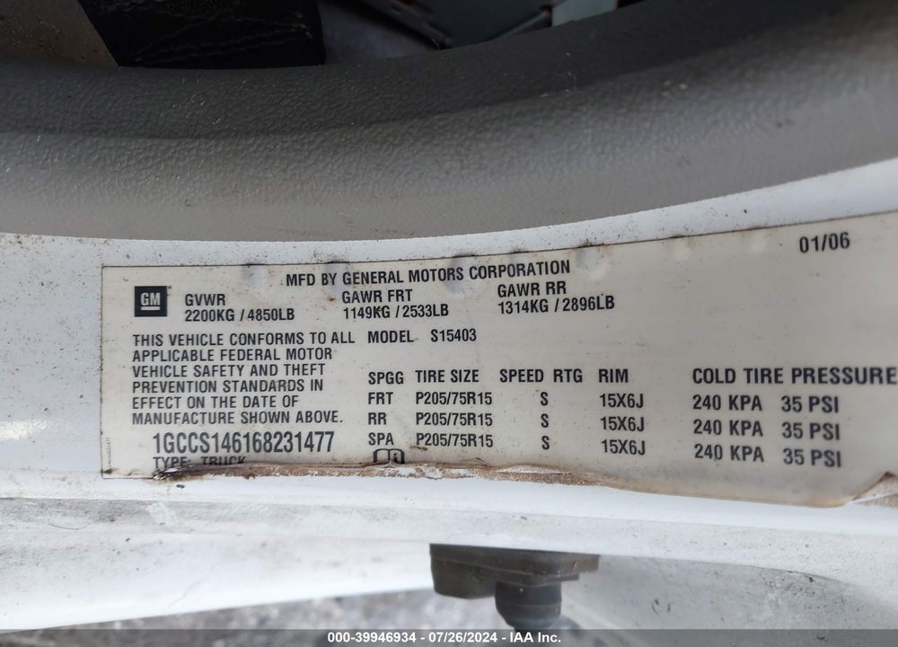 2006 CHEVROLET COLORADO WORK TRUCK VIN: 1GCCS146168231477