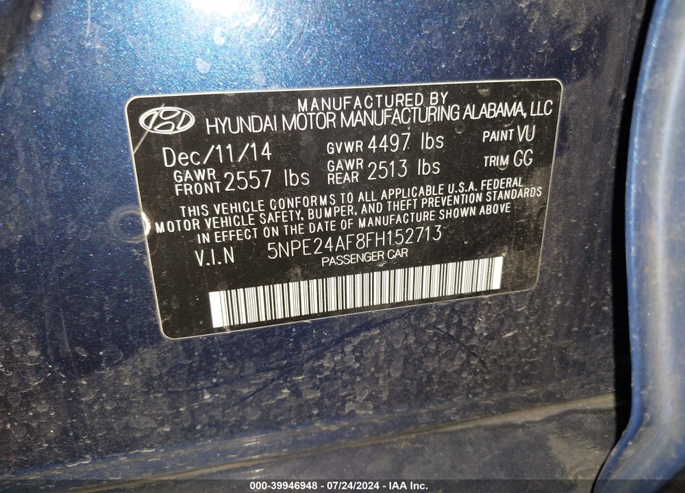 2015 HYUNDAI SONATA SE VIN: 5NPE24AF8FH152713