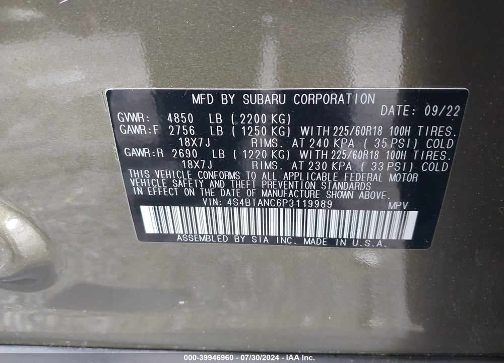 2023 SUBARU OUTBACK LIMITED VIN: 4S4BTANC6P3119989
