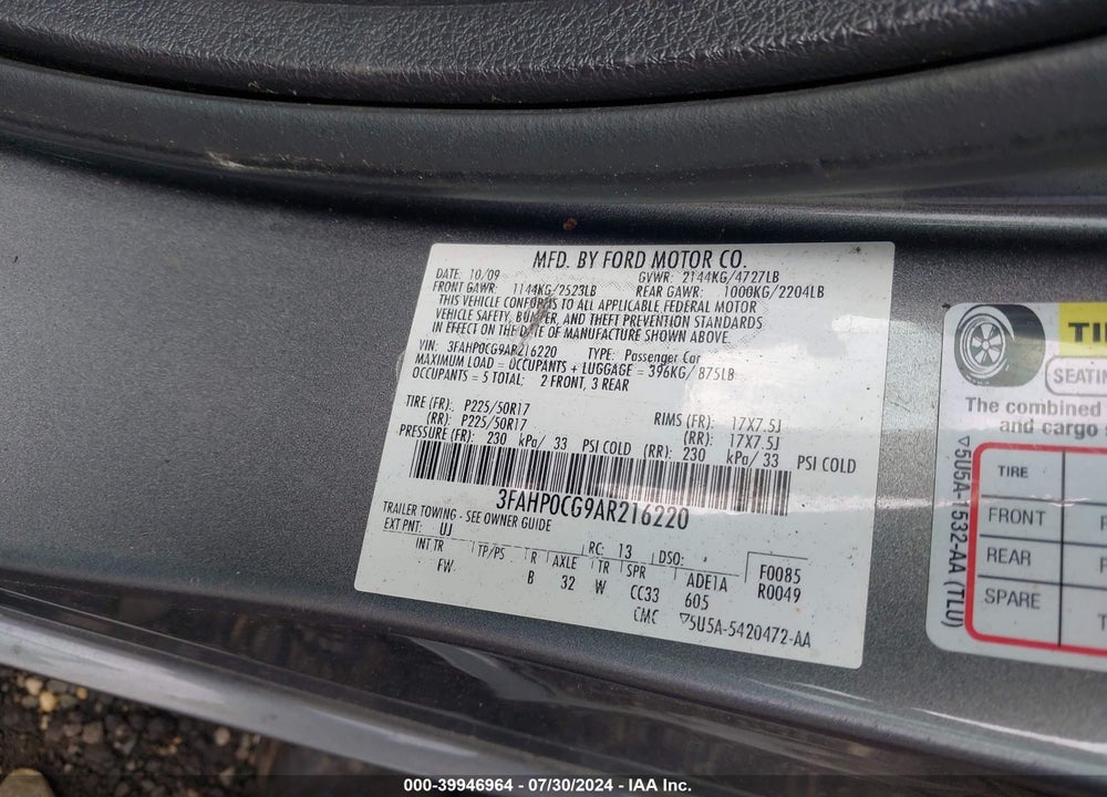 2010 FORD FUSION SEL VIN: 3FAHP0CG9AR216220