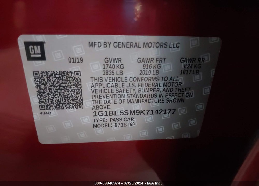 2019 CHEVROLET CRUZE LT VIN: 1G1BE5SM9K7142177