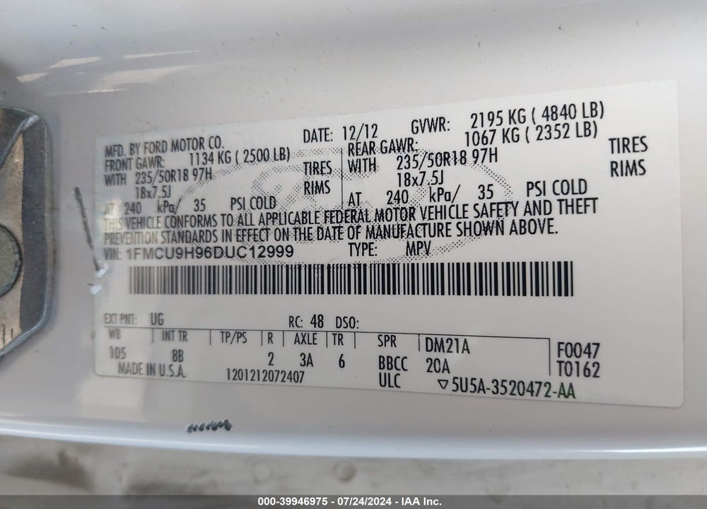 2013 FORD ESCAPE SEL VIN: 1FMCU9H96DUC12999
