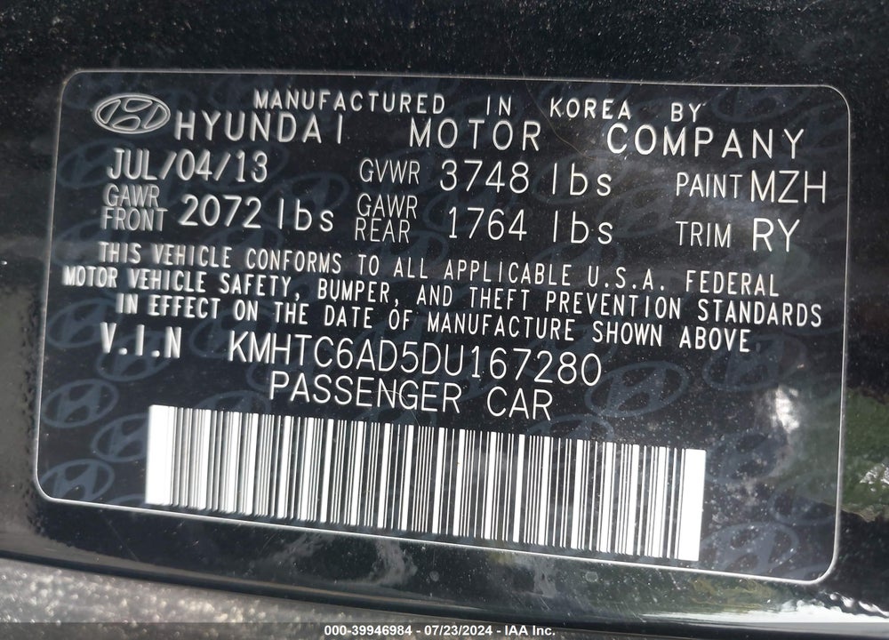 2013 HYUNDAI VELOSTER BASE W/GRAY VIN: KMHTC6AD5DU167280