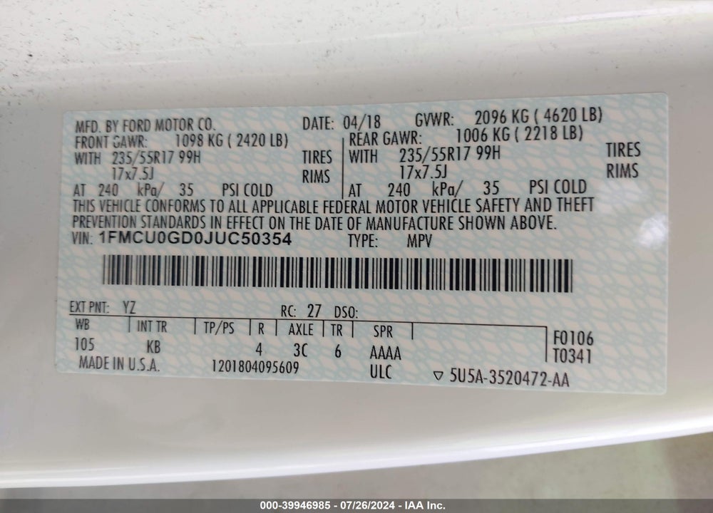 2018 FORD ESCAPE SE VIN: 1FMCU0GD0JUC50354