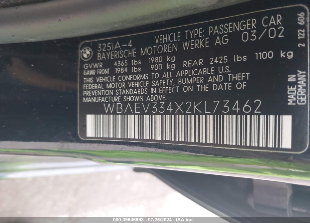 2002 BMW 325I VIN: WBAEV334X2KL73462