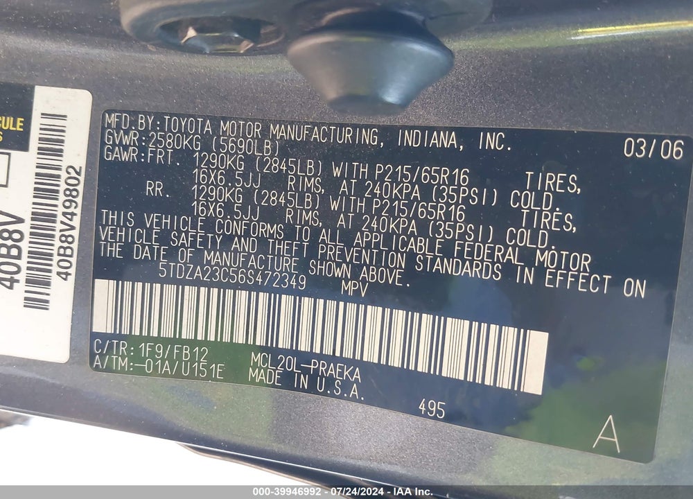 2006 TOYOTA SIENNA CE VIN: 5TDZA23C56S472349