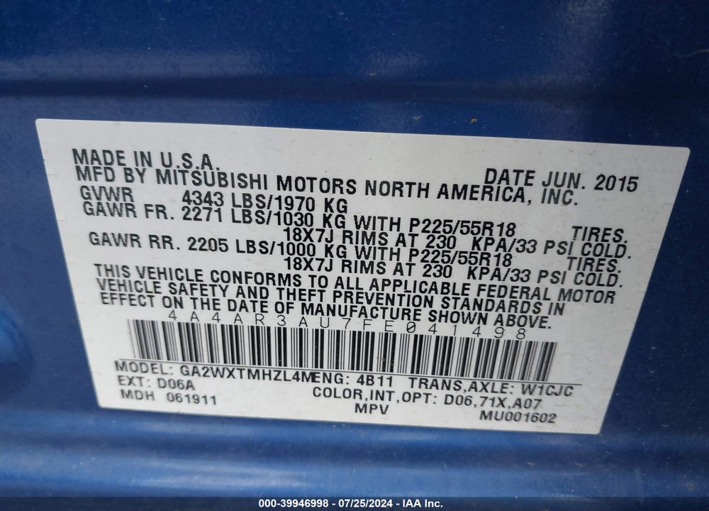 2015 MITSUBISHI OUTLANDER SPORT ES VIN: 4A4AR3AU7FE041498