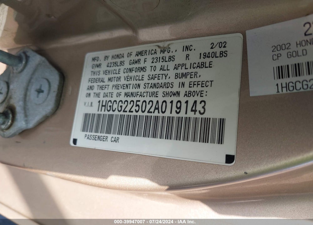 2002 HONDA ACCORD 3.0 EX VIN: 1HGCG22502A019143