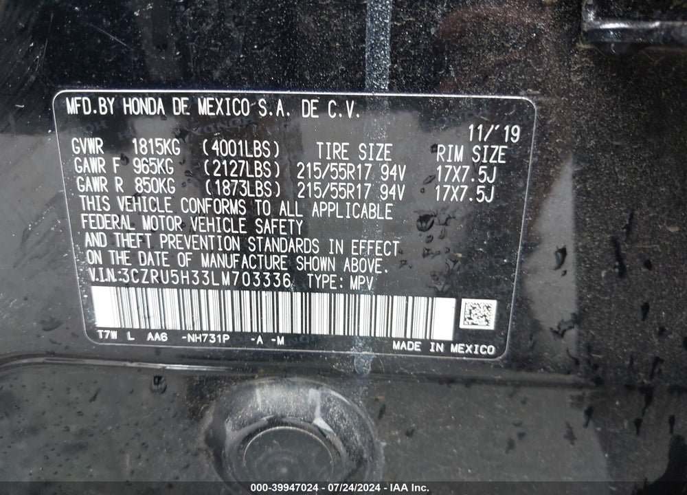 2020 HONDA HR-V 2WD LX VIN: 3CZRU5H33LM703336