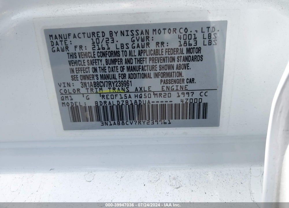 2024 NISSAN SENTRA SV XTRONIC CVT VIN: 3N1AB8CV7RY239961