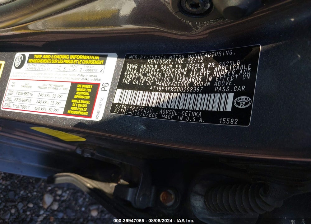 2013 TOYOTA CAMRY LE VIN: 4T1BF1FK5DU208987