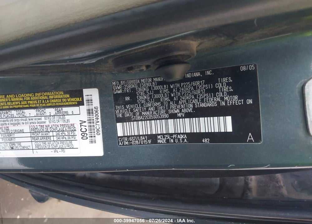 2005 TOYOTA SIENNA XLE/XLE LIMITED VIN: 5TDBA22C05S053990