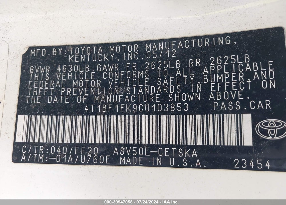 2012 TOYOTA CAMRY SE VIN: 4T1BF1FK9CU103853