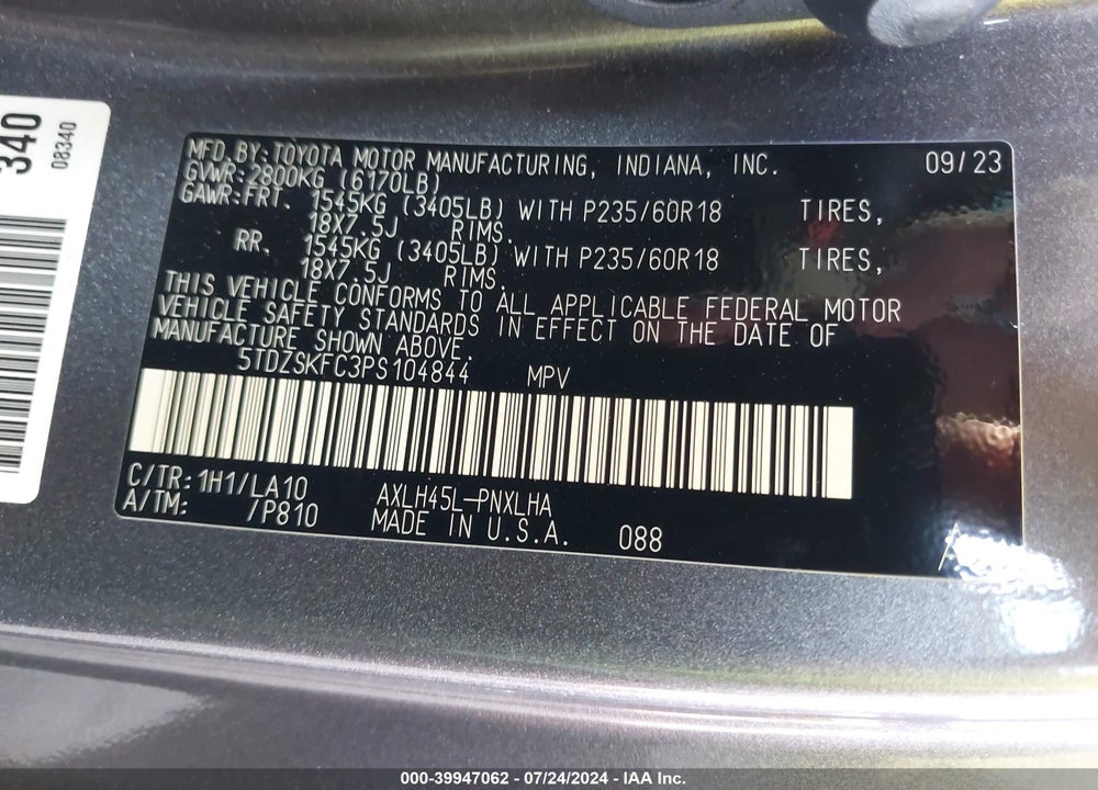 2023 TOYOTA SIENNA LIMITED VIN: 5TDZSKFC3PS104844