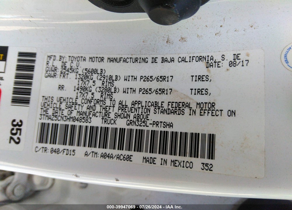 2017 TOYOTA TACOMA VIN: 3TMAZ5CN3HM048583