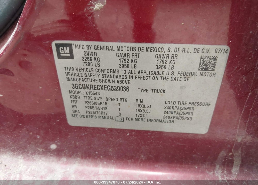 2014 CHEVROLET SILVERADO 1500 2LT VIN: 3GCUKRECXEG539036