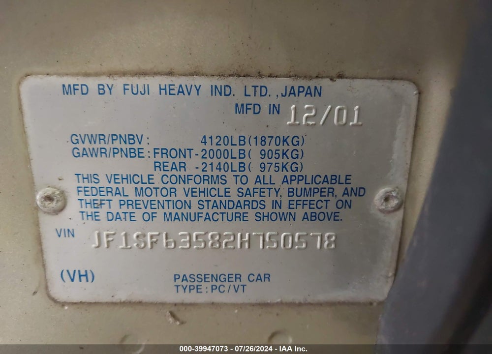 2002 SUBARU FORESTER L VIN: JF1SF63582H750578