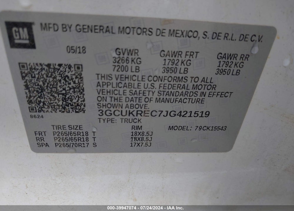 2018 CHEVROLET SILVERADO 1500 2LT VIN: 3GCUKREC7JG421519