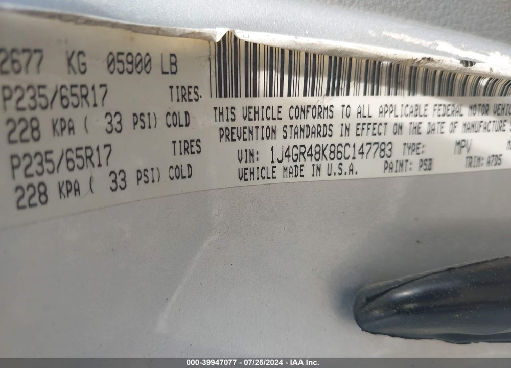 2006 JEEP GRAND CHEROKEE LAREDO VIN: 1J4GR48K86C147783