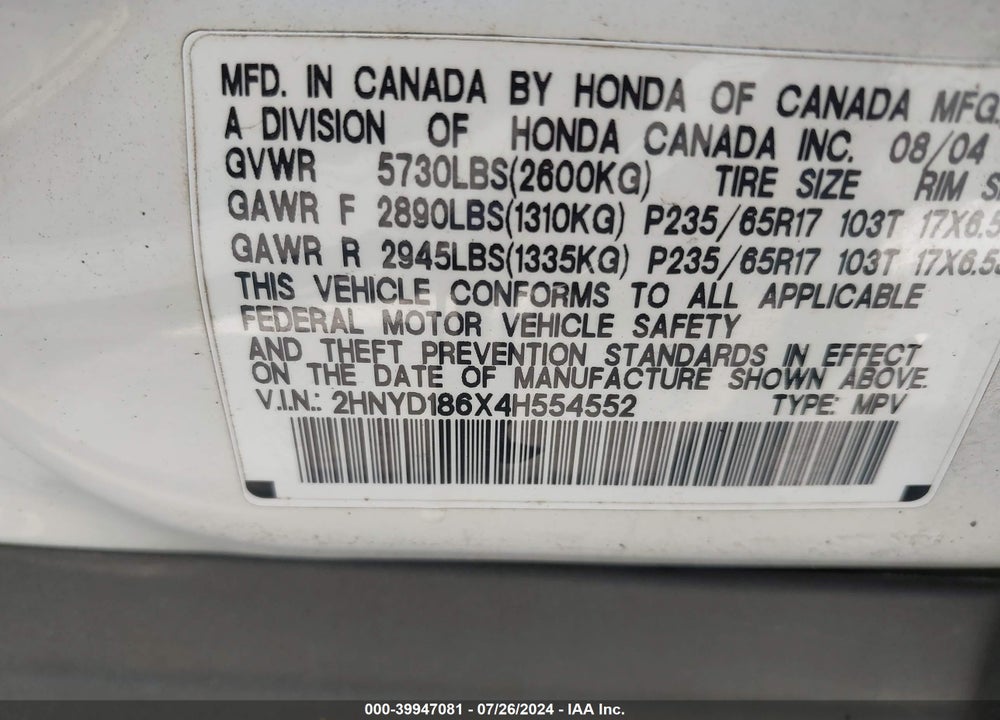 2004 ACURA MDX VIN: 2HNYD186X4H554552