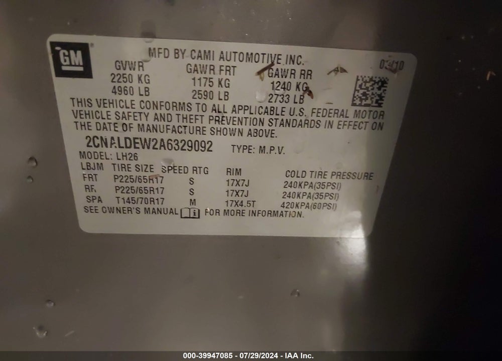 2010 CHEVROLET EQUINOX LT VIN: 2CNALDEW2A6329092
