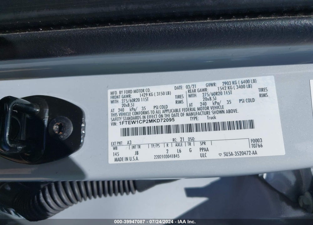 2021 FORD F-150 XL VIN: 1FTEW1CP2MKD72095