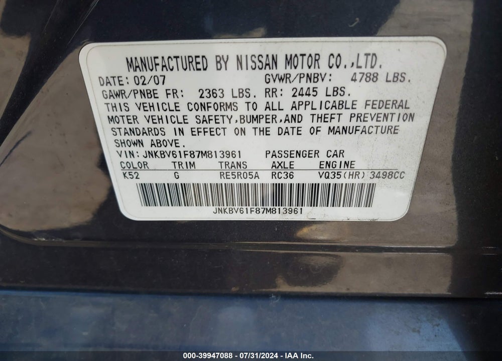 2007 INFINITI G35X VIN: JNKBV61F87M813961