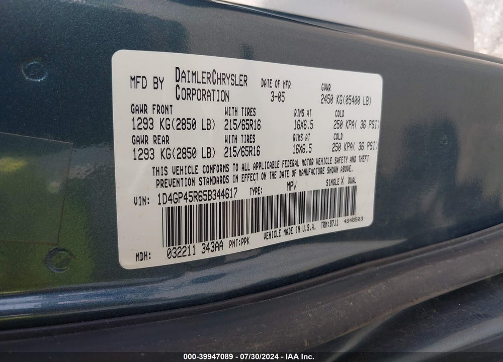 2005 DODGE CARAVAN SXT VIN: 1D4GP45R65B344617