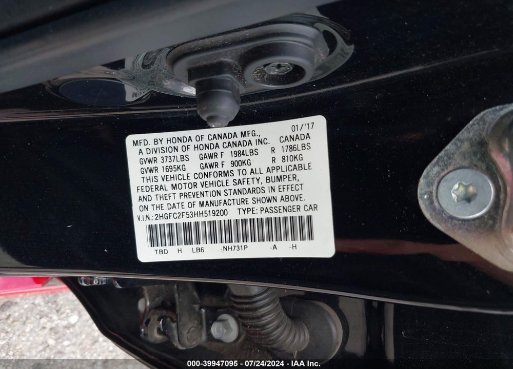 2017 HONDA CIVIC LX VIN: 2HGFC2F53HH519200
