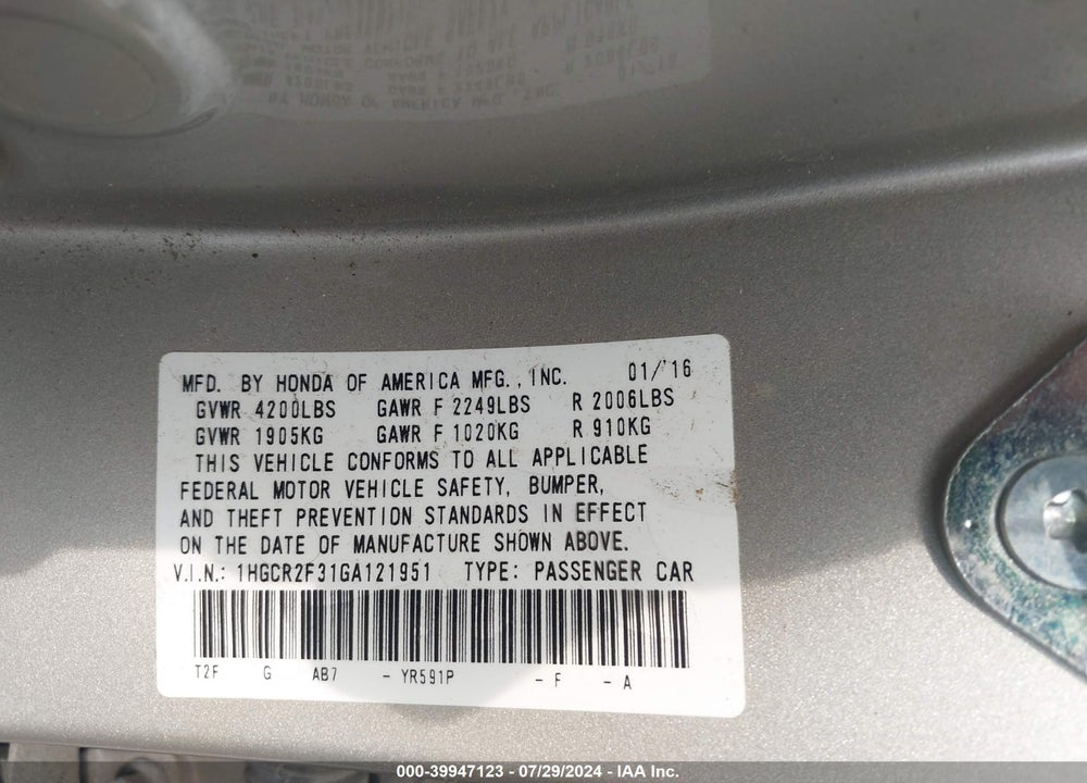 2016 HONDA ACCORD LX VIN: 1HGCR2F31GA121951