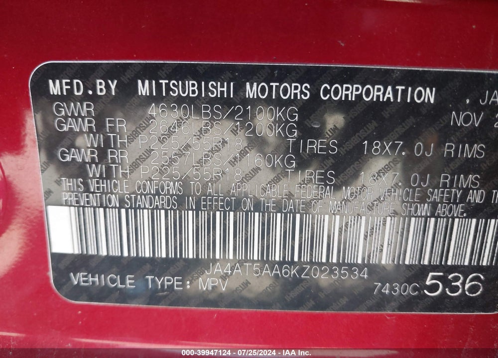 2019 MITSUBISHI ECLIPSE CROSS VIN: JA4AT5AA6KZ023534