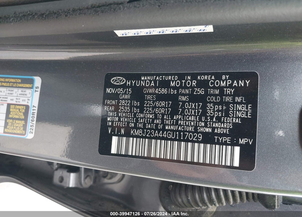 2016 HYUNDAI TUCSON SE VIN: KM8J23A44GU117029