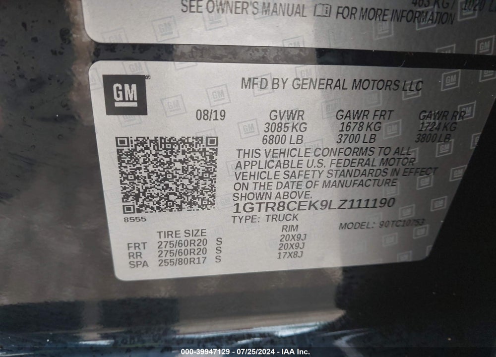2020 GMC SIERRA 1500 2WD DOUBLE CAB STANDARD BOX ELEVATION VIN: 1GTR8CEK9LZ111190