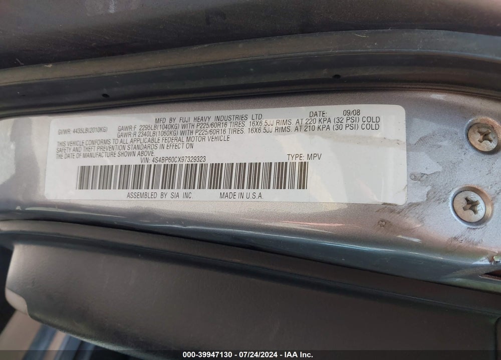 2009 SUBARU OUTBACK 2.5I VIN: 4S4BP60CX97329323