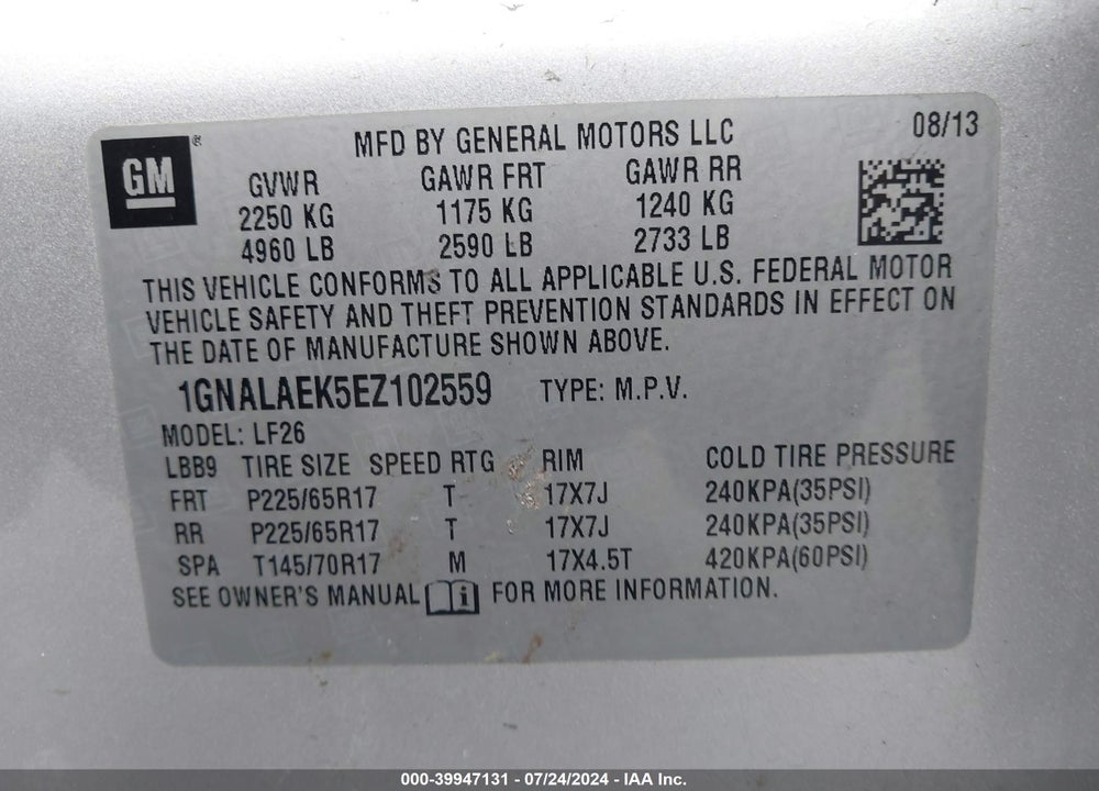 2014 CHEVROLET EQUINOX LS VIN: 1GNALAEK5EZ102559