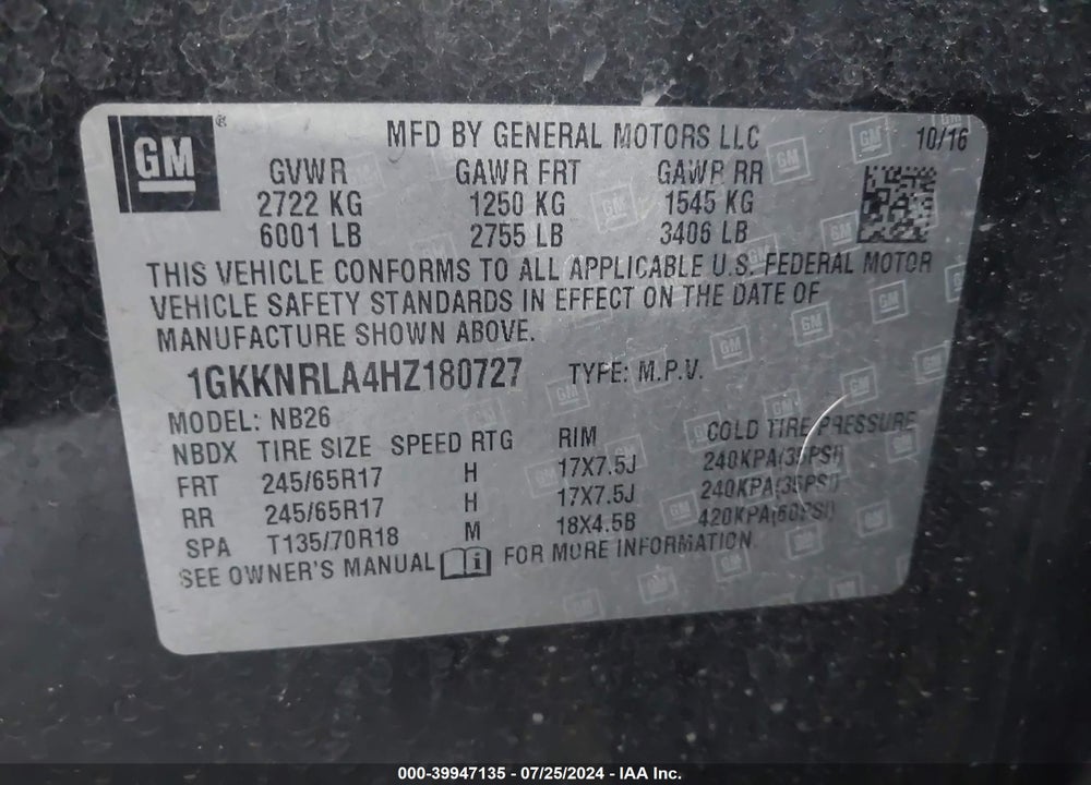 2017 GMC ACADIA SLE-1 VIN: 1GKKNRLA4HZ180727