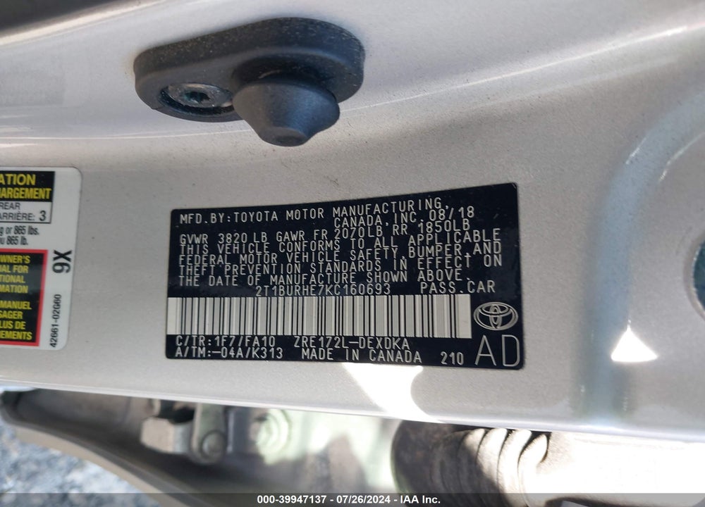 2019 TOYOTA COROLLA L VIN: 2T1BURHE7KC160693