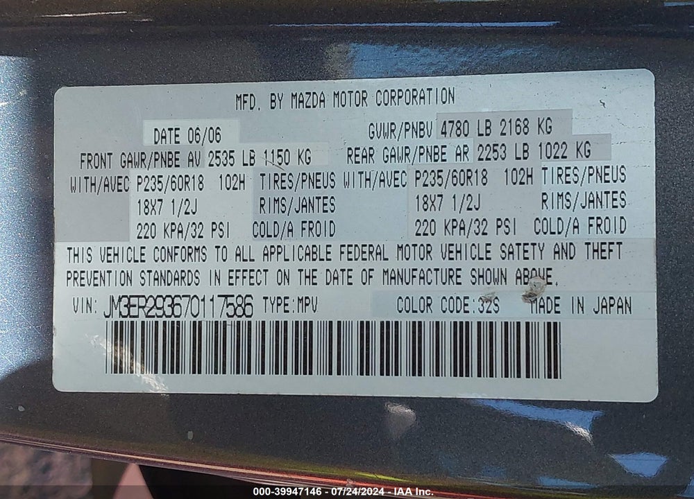 2007 MAZDA CX-7 VIN: JM3ER293670117586