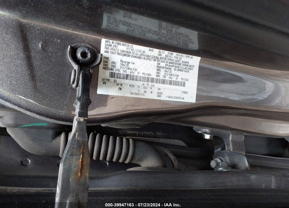 2012 FORD FOCUS SEL VIN: 1FAHP3H21CL437861