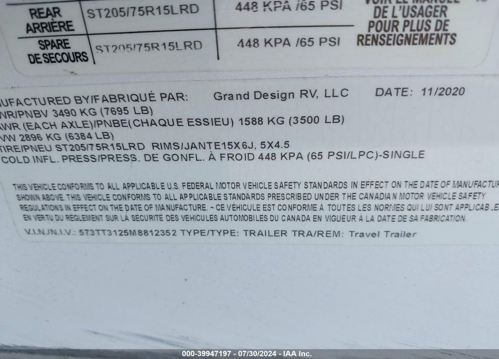 2021 GRAND DESIGN TRANSCEND VIN: 573TT3125M8812352
