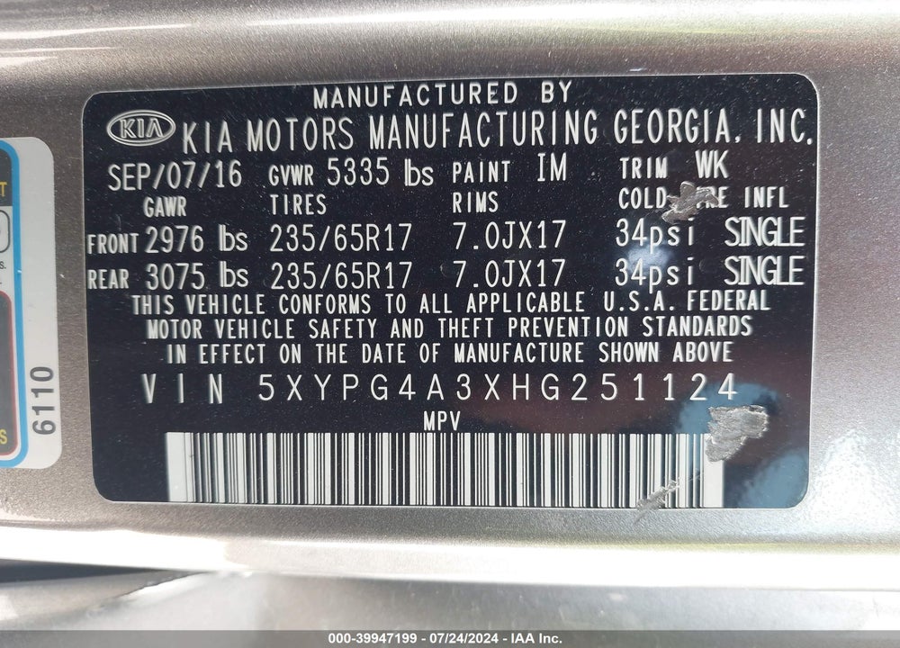2017 KIA SORENTO 2.4L LX VIN: 5XYPG4A3XHG251124