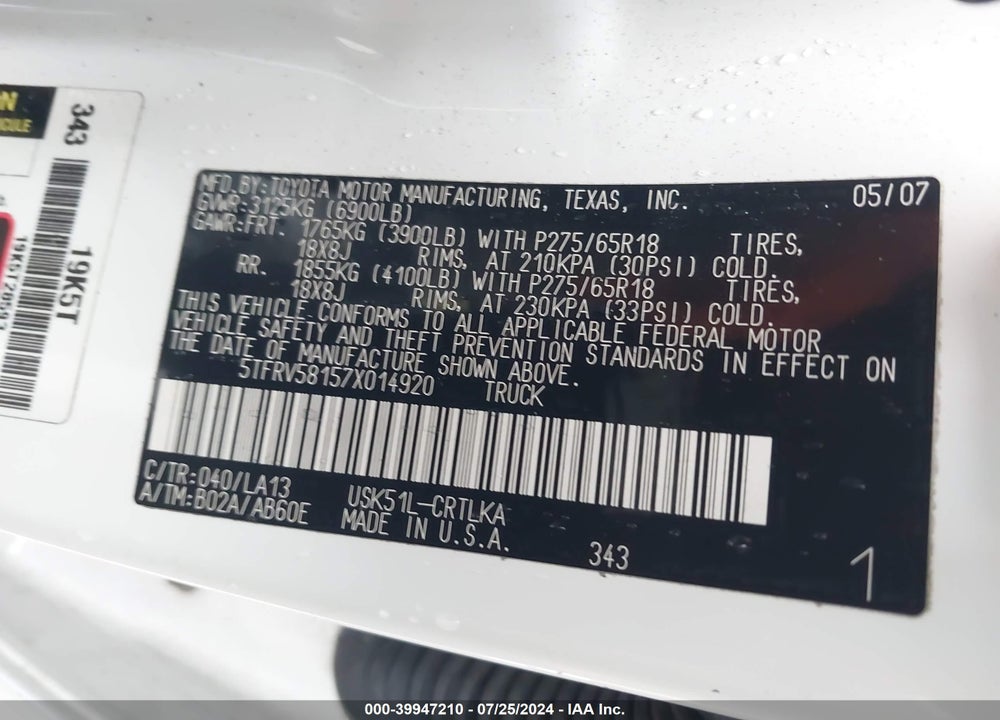 2007 TOYOTA TUNDRA LIMITED 5.7L V8 VIN: 5TFRV58157X014920