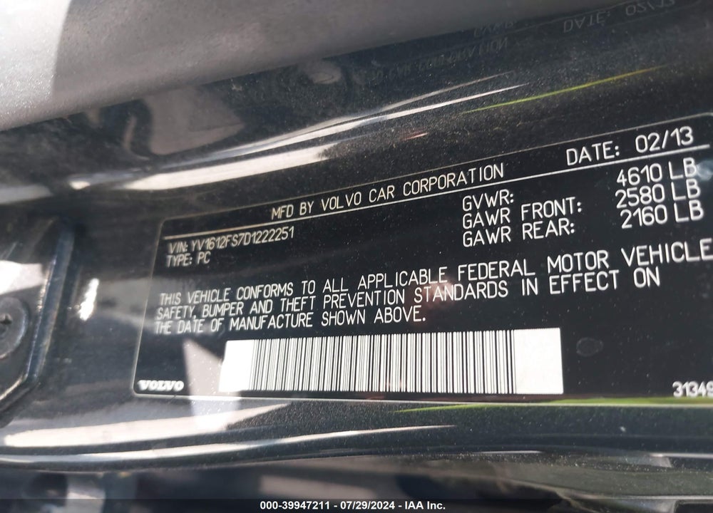 2013 VOLVO S60 T5 VIN: YV1612FS7D1222251