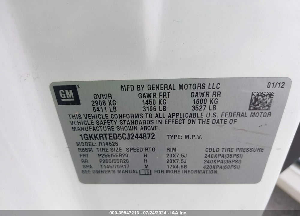 2012 GMC ACADIA DENALI VIN: 1GKKRTED5CJ244872