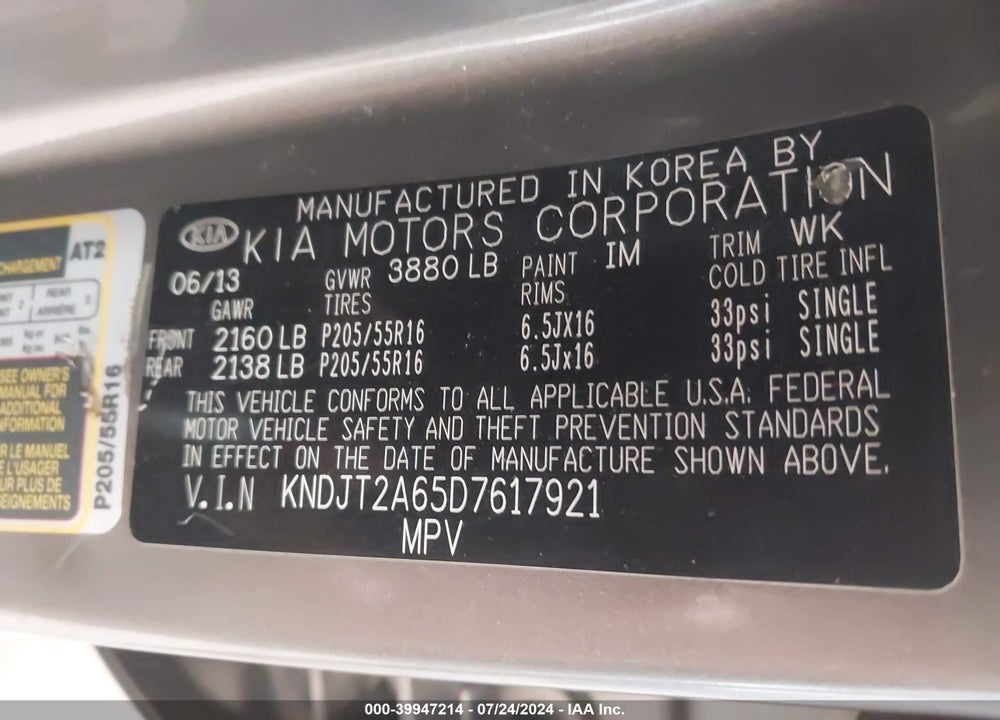 2013 KIA SOUL VIN: KNDJT2A65D7617921