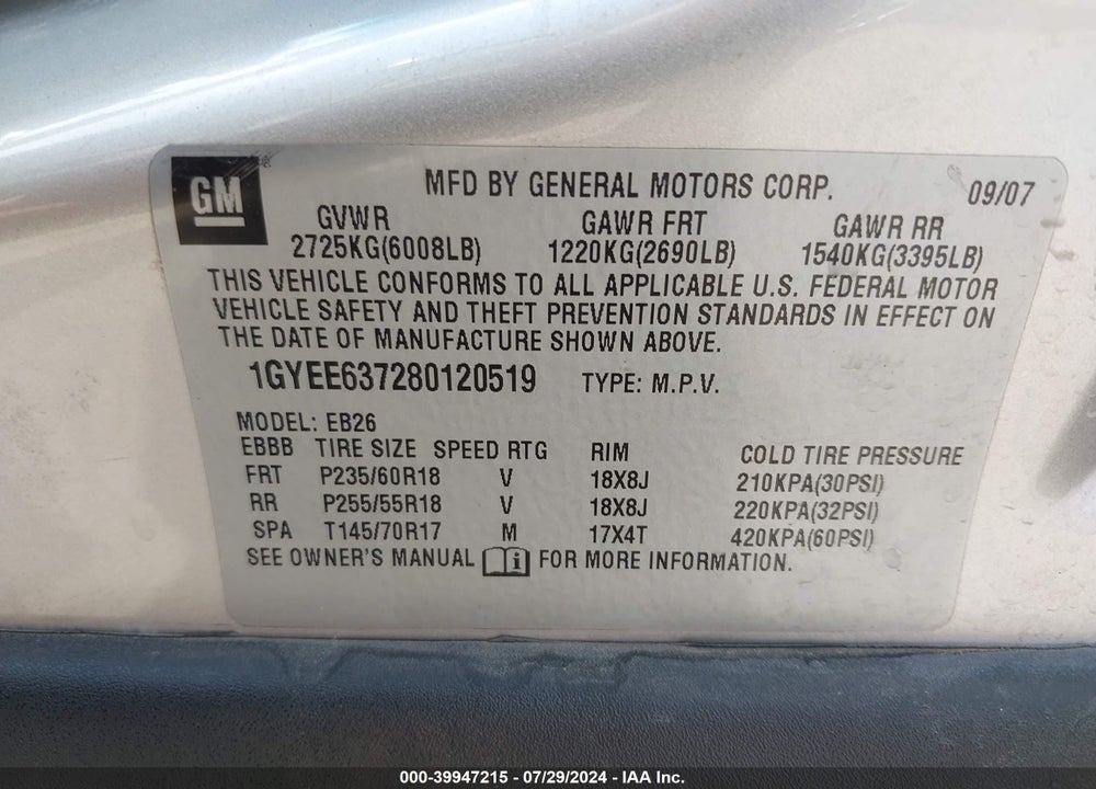 2008 CADILLAC SRX V6 VIN: 1GYEE637280120519