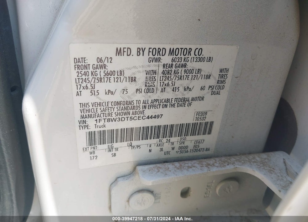 2012 FORD F-350 LARIAT VIN: 1FT8W3DT5CEC44497