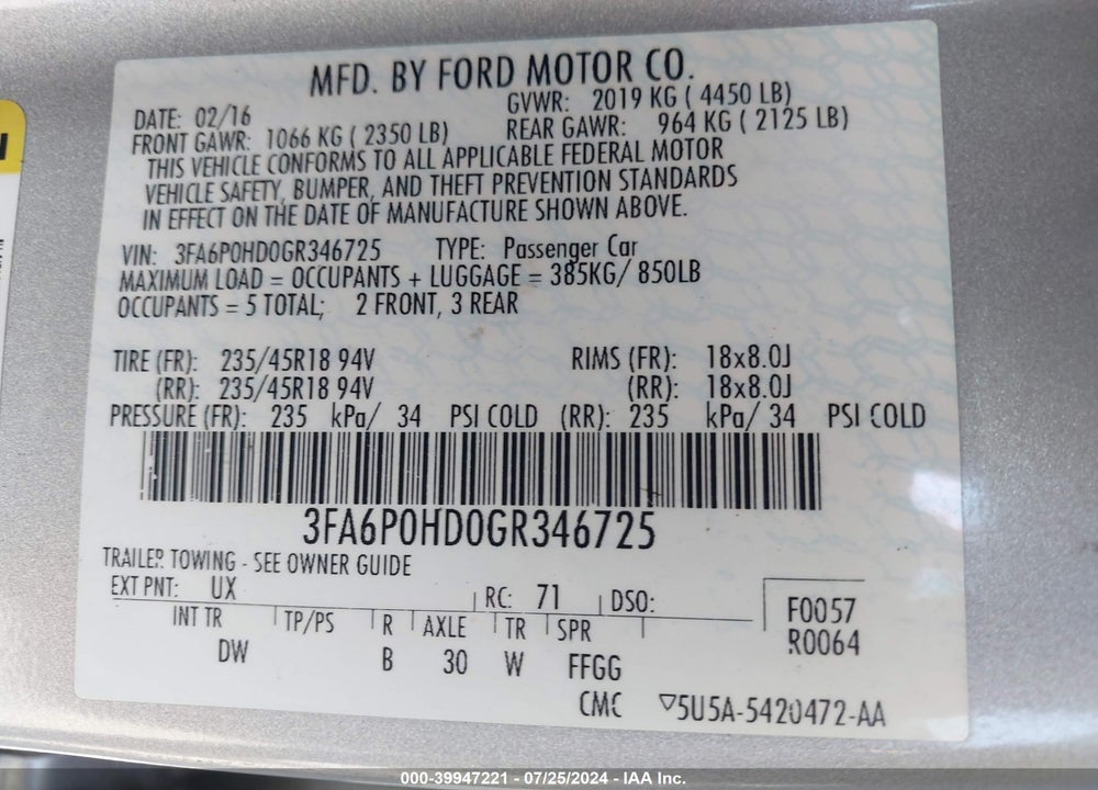 2016 FORD FUSION SE VIN: 3FA6P0HD0GR346725