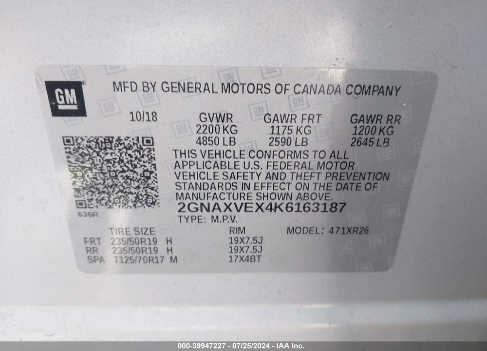 2019 CHEVROLET EQUINOX LT VIN: 2GNAXVEX4K6163187